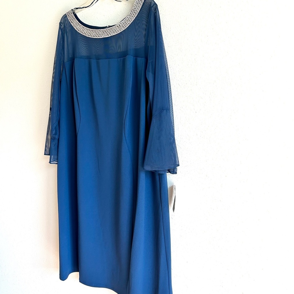 ALEX EVENINGS Cocktail Dress Sz 24W Wedgewood Blue Crystal Neckline Illusion - Picture 5 of 12